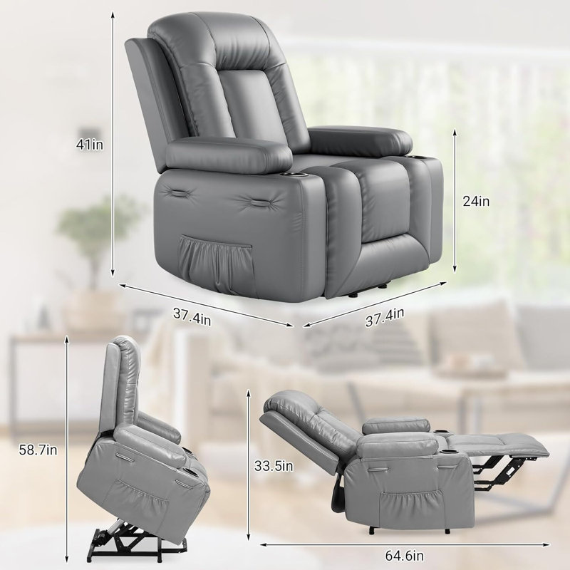 Adjustable Reclining Chair for Elderly with Cup Holders, Side Pockets, and USB Port, Grey