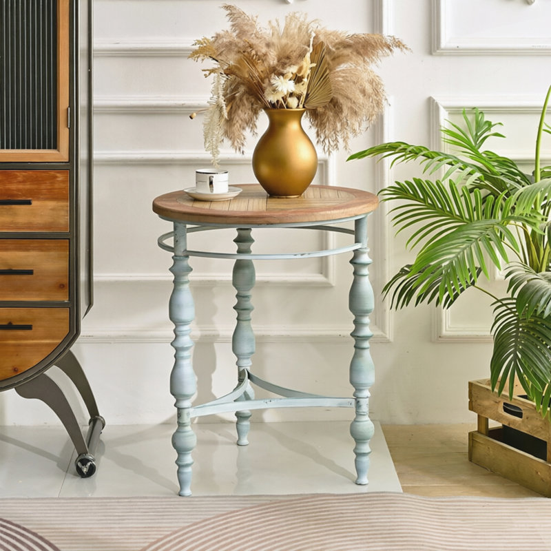 Table basse ronde rustique en bois sculpté, facile à assembler (51 cm), avec plateau rond en bois et pieds en métal, idéale pour le salon.