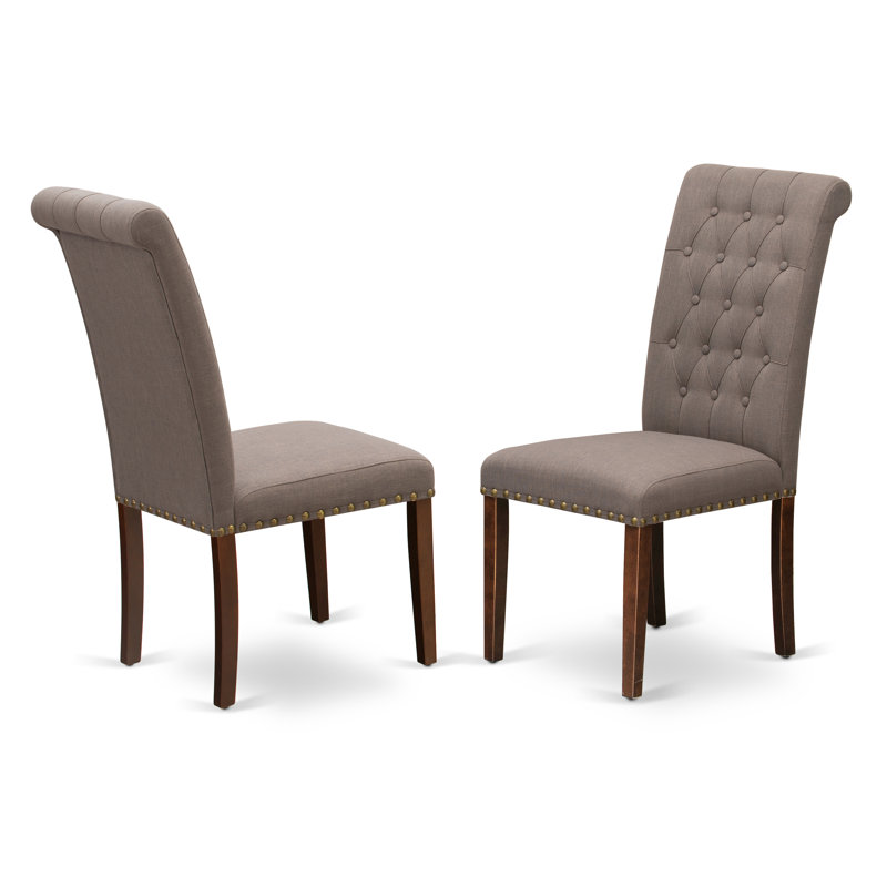 Bremond Parson Kitchen Chairs - Button Tufted Nailhead Trim Brown Linen Linen Fabric Padded Dining Chairs, Set of 2, Mahogany