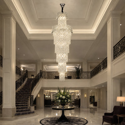48-Light K9 Crystal Waterfall Staircase Chandelier for Foyer & High Ceilings