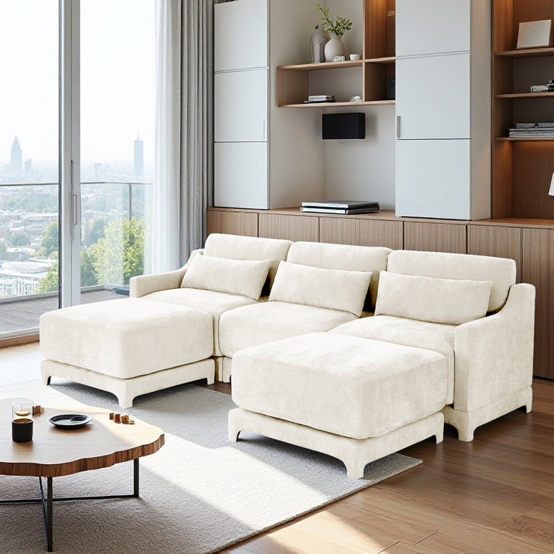 3 Seater Sofa, U Shape Sofa 2 Movable Ottomans,chenille Fabric,high-resilience Sponge,high Quality Wooden Base, Suits Studies, Living Rooms