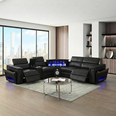 Canapé modulaire noir moderne avec 2 consoles de lecture + réfrigérateur, système de haut-parleurs et compartiments de rangement à quatre places de luxe, appuie-tête réglables, tapis de recharge sans fil, barre de levage à DEL