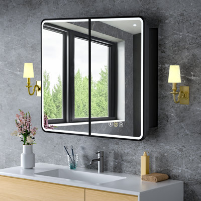36" W x 30" H Khatra Modern Black Iron Framed Surface/Recessed Mount Medicine Cabinet with Anti-Fog Mirrors, Adjustable Glass Shelves, Dimmable Lighting and Memory Function for Makeup, Shaving or Bathroom Vanity Storage