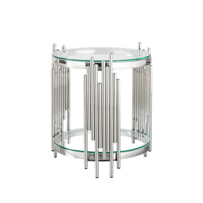 Modern Luxury Round Accent End Table with 2-Tier Tempered Glass Shelf and Mirrored Silver Stainless Steel Frame for Living Room, Small Spaces