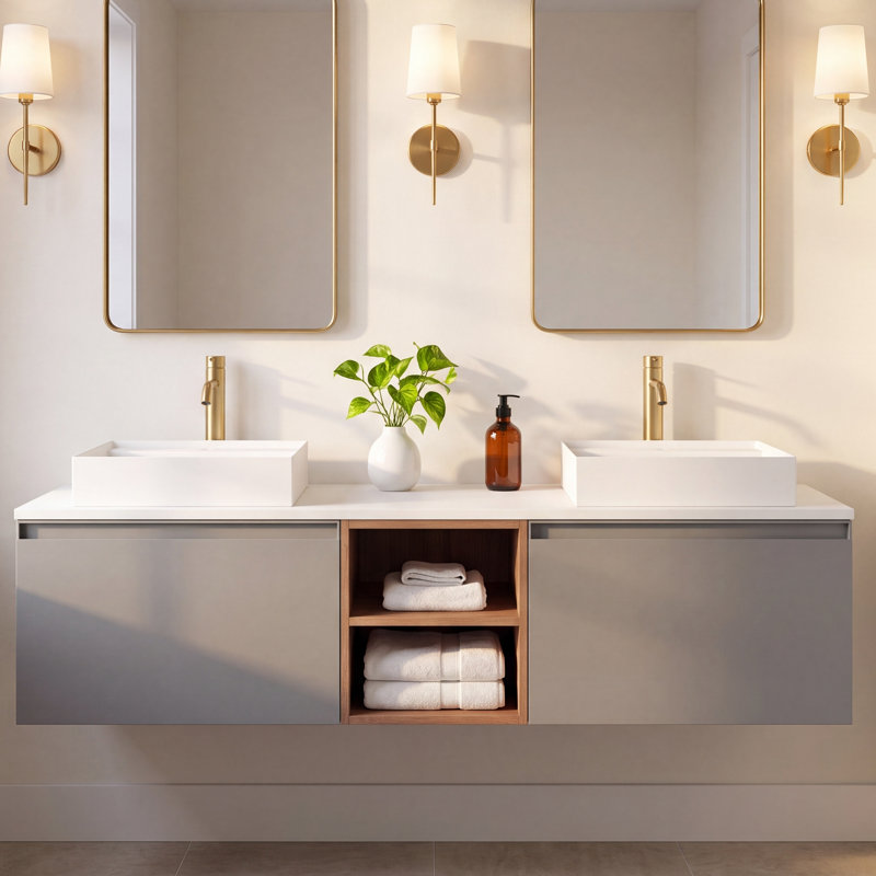 Shelley 72'' Natural Walnut Plywood Double Bathroom Vanity with Engineered Solid Surface Top