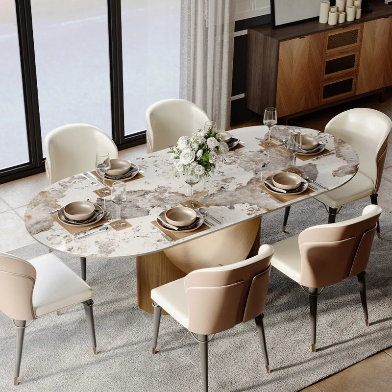7 Pieces Dining Room Sets, Pre-Assembly Oval Dining Table Sets, Sintered Stone Tabletop Kitchen Dining Table Set With Upholstered Chairs