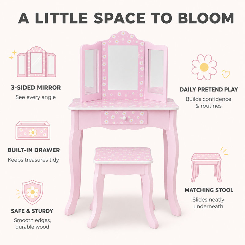 Teamson Kids Hearts Gisele Wood Vanity With Tri-Fold Mirror & Drawer, Pink