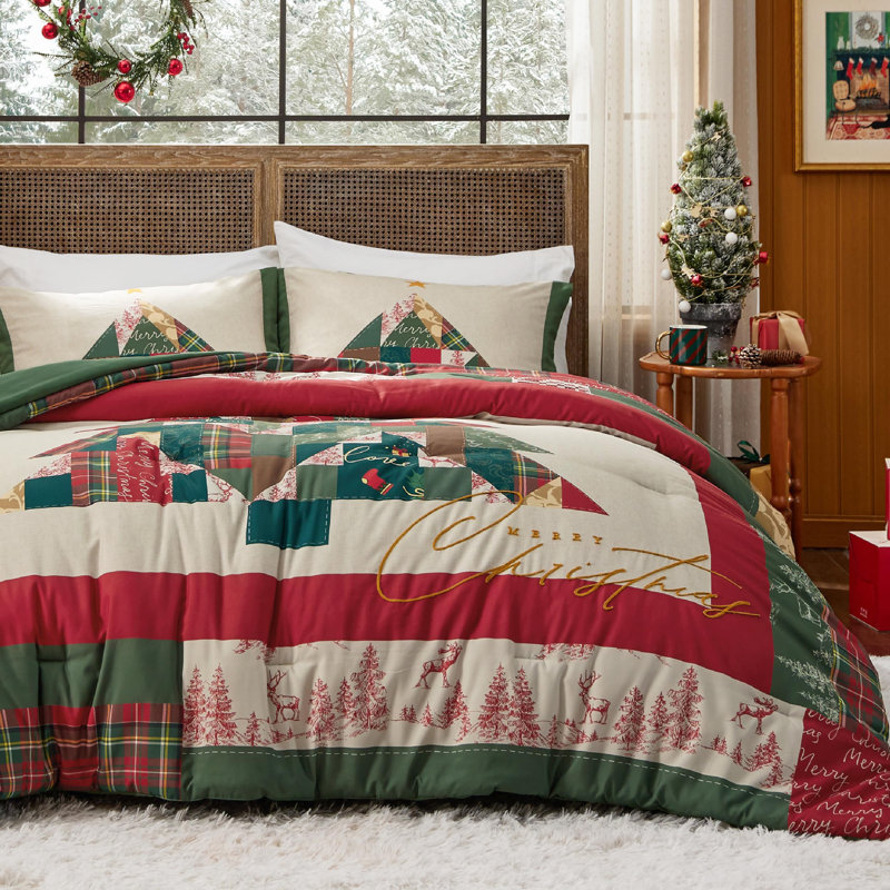 Ensemble d'édredon de Noël Holiday Vibe for Your Home, Édredon pour lit simple + 1 taie décorative stan, Renne rouge
