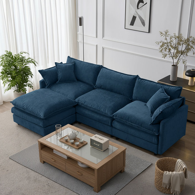 Modular L-Shaped Sectional Sofa Couch With Ottoman,Soft Chenille Fabic,3-Seater, Blue