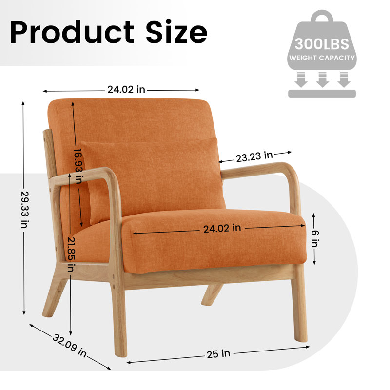 Accent Chair with Pillow Upholstered Mid-Century Chair Living Room Chair for Small Space Solid Wood Frame Reading Chair with Soft and Thick Cushion Armchair for Bedroom Balcony Orange