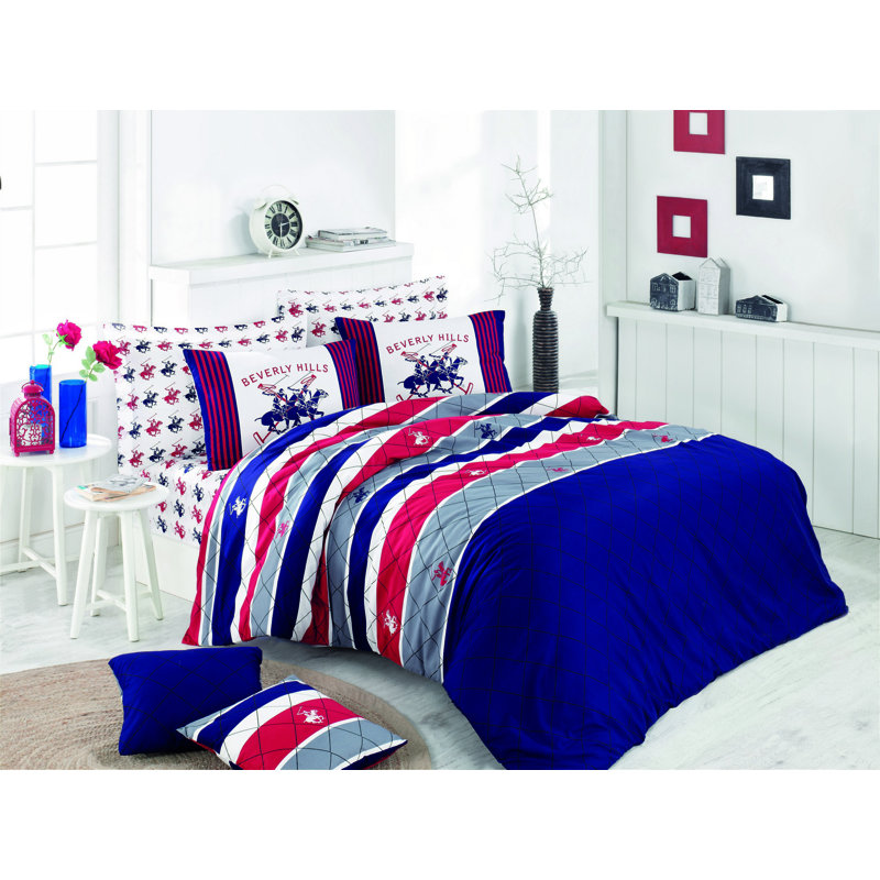 Ensemble de housse de couette 100% coton bleu foncé Taliyah, Housse de couette double + 2 taies d'oreiller stan