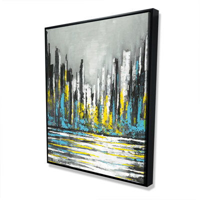 Toile abstraite encadrée, "Blue Skyline", bâtiment gris