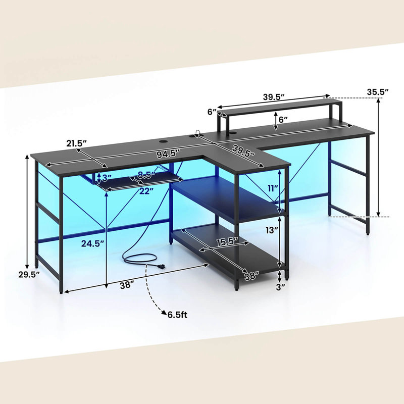Wrought Studio 94.5" Long Office Desk 2-person Reversible Computer Desk With Led Lights, Black