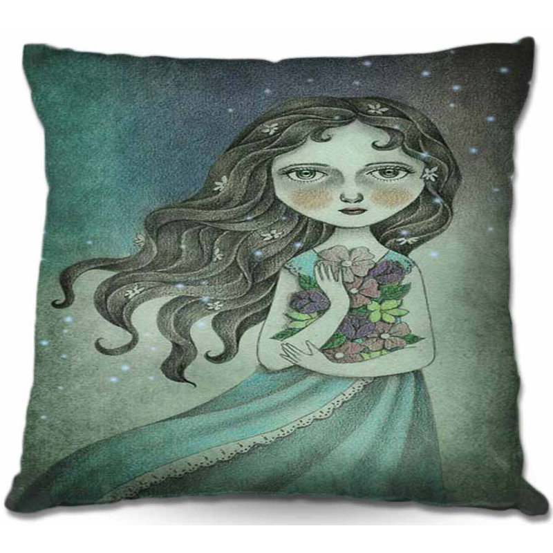 Coussin fille avec fleur, H 16 po x l 16 po x P 4 po