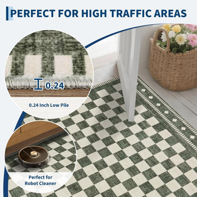 Tapis géométrique à carreaux lavable 5 pi x 7 pi neutre antidérapant à carreaux