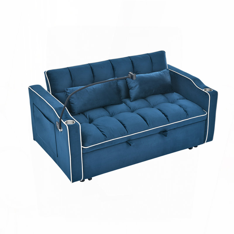 Lit escamotable en velours, dossier réglable et avec port USB, Bleu