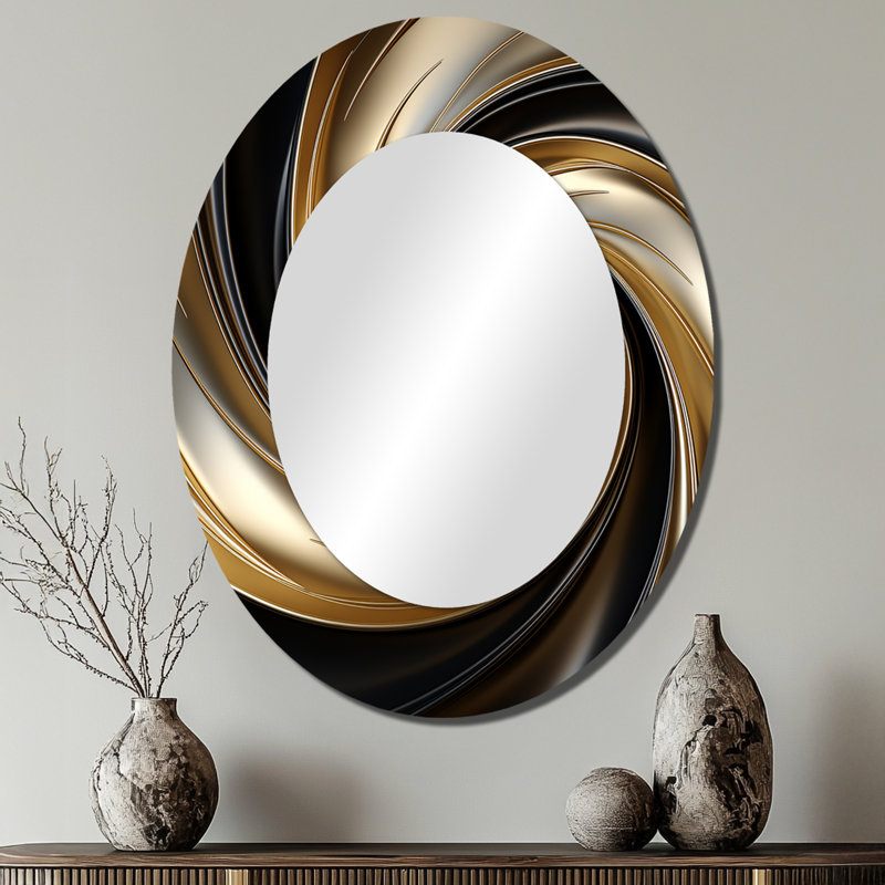 Abstrait spirale abstraite or liquide et noir - Miroir décoratif abstrait ovale sur métal, 40 po x 30 po