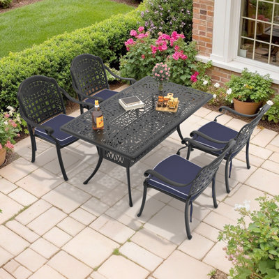 4-Person 58.27"L Rectangle Patio Dining Set with Umbrella Hole, 4 Stackable Chairs with Blue Cushions