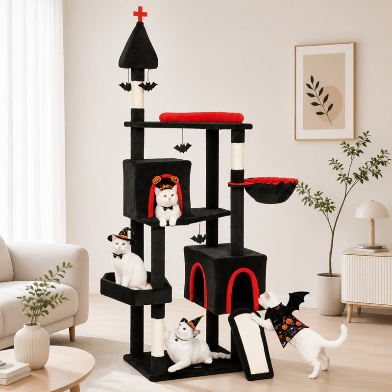 Halloween Style Cat Climbing Tower with Coffin-Shaped Bed