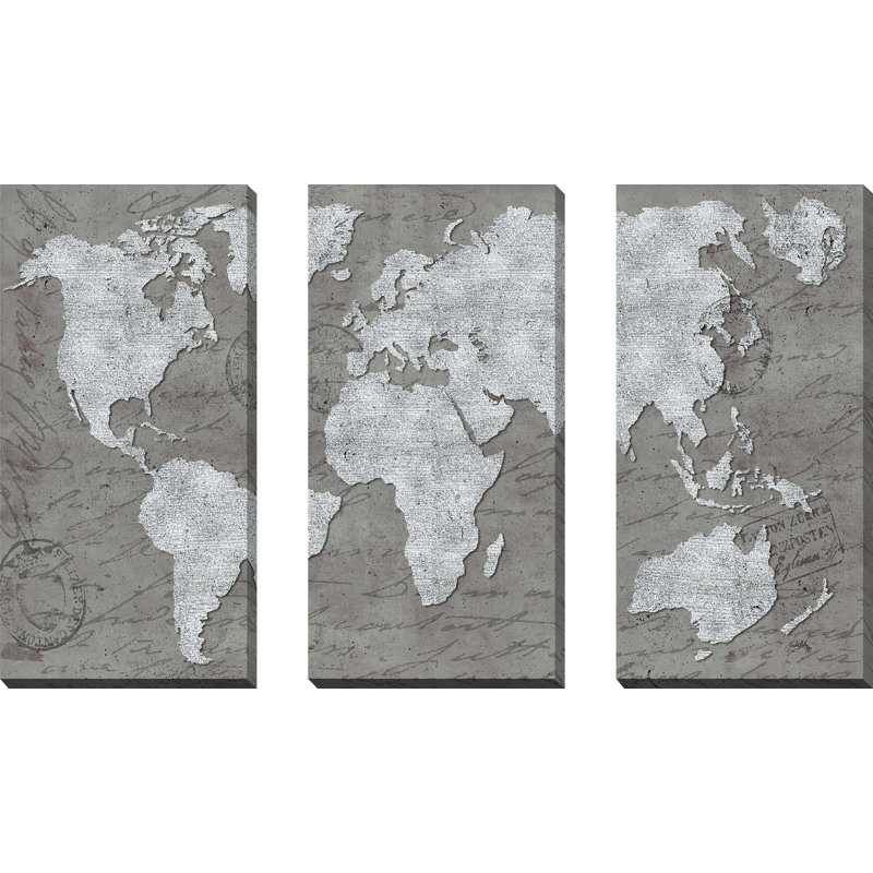 " World Map On Script " 3 - Pieces, 32" H x 48" W x 1" D