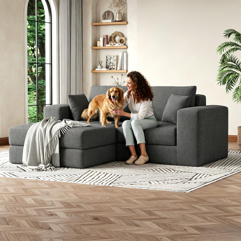 Canapé d'angle modulaire en forme de L avec méridienne profonde, revêtement en chenille, aucun assemblage requis, capacité de charge de 136 kg (300 lb), idéal pour appartement ou maison - Gris