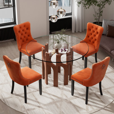 Ensemble de table de salle à manger ronde en verre avec base géométrique et chaises en velours 4/6 pour les petits espaces, la salle à manger et la cuisine
