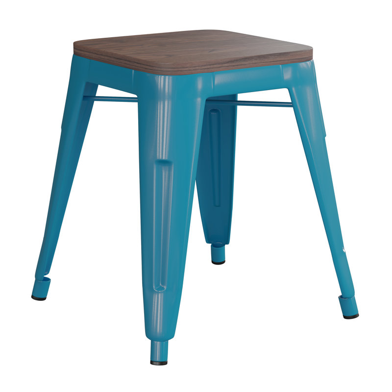 Alsadig 18" Table Height Indoor Stackable Metal Stool with Wood Seat, Light Blue