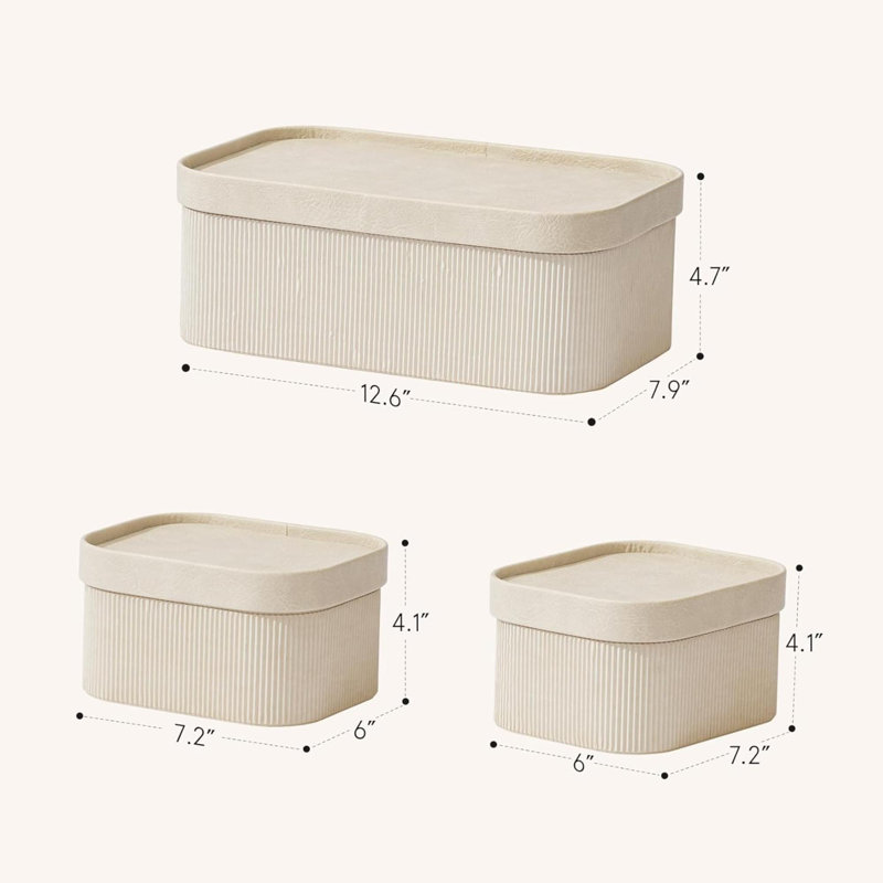 Fluted Cardboard Storage Baskets With Leather-Like Lids, Sturdy Stackable Paper Boxes Decorative Tray,Set Of 3 Ivory