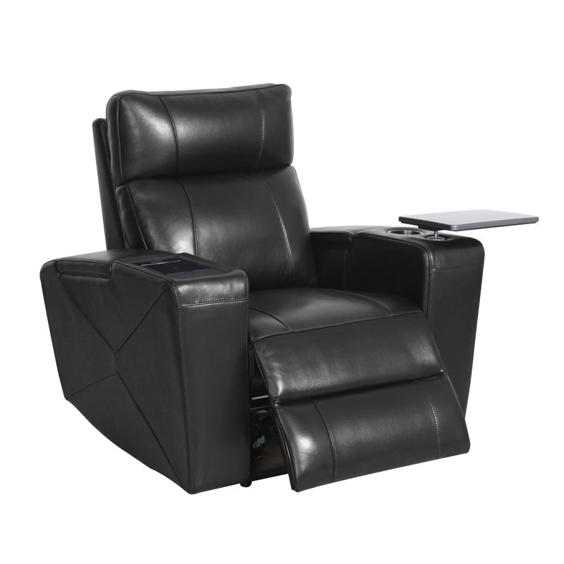 Upholstered Home Theater Seat with Cup Holder, Black Leather