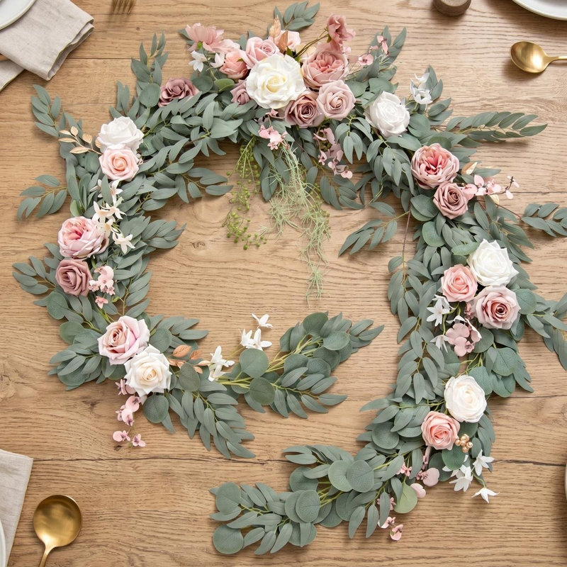 Guirlande de fleurs - 9 pi Eucalyptus et rose - décoration de table rose chérie pour réception de mariage, Pink