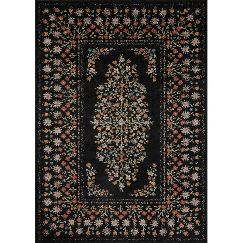 Black Floral Synthetic Runner Rug 2'-8" x 10'