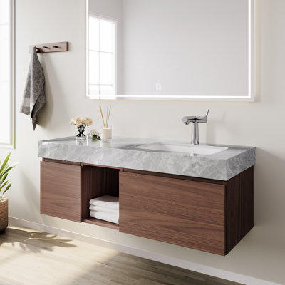 48"Floating Bathroom Vanity with Marble Top & Integrated Sink, Walnut Wood Wall-Mounted Vanity with Drawers and Open Shelf