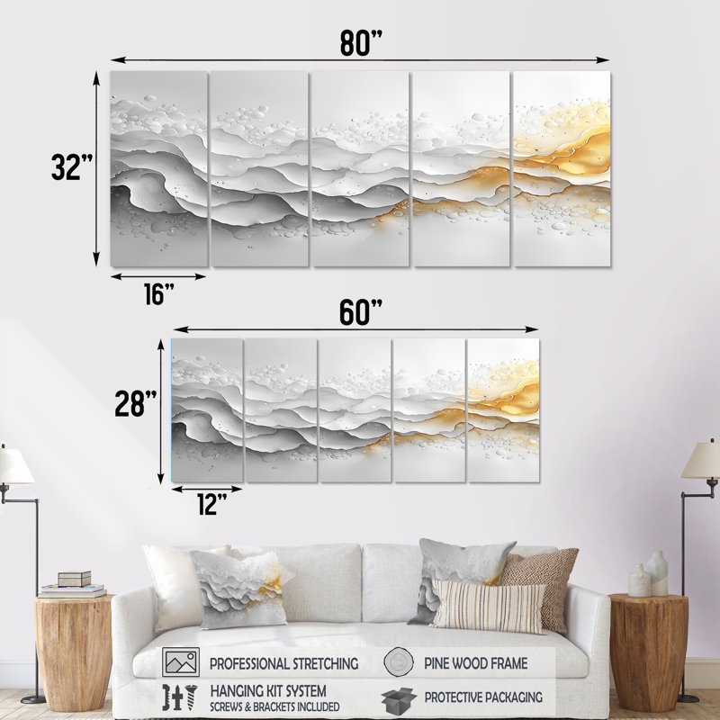 Aurore blanche blanche, vague du temps III - Constructivisme, art mural - ensemble d'art mural moderne, H 32 po x l 80 po, 5