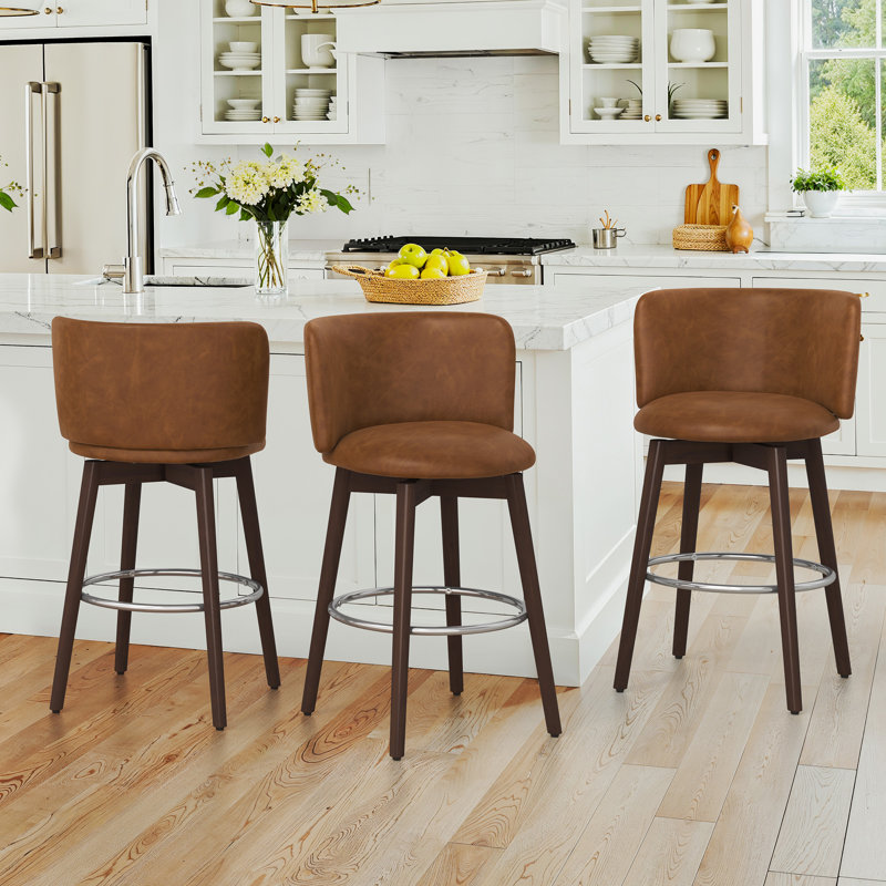 26'' Swivel Bar Stool - Leather, Brown Faux Leather Seat/Dark Brown Frame