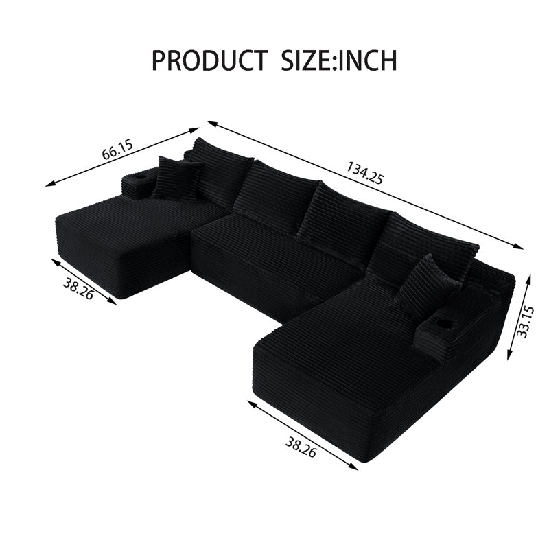 Canapé modulaire en velours côtelé 134 po, Velours côtelé noir