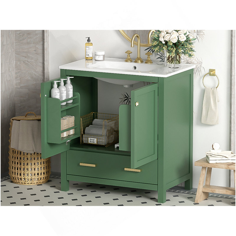 Meuble-lavabo vert 30 po avec lavabo simple, meuble-lavabo sous le comptoir, armoire de rangement pour la salle de bain avec 2 portes et un tiroir, fermeture en douceur, rangement multifonctionnel