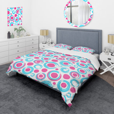 Motif de cercles bleus et roses - ensemble de housse de couette abstrait - microfibre de polyester