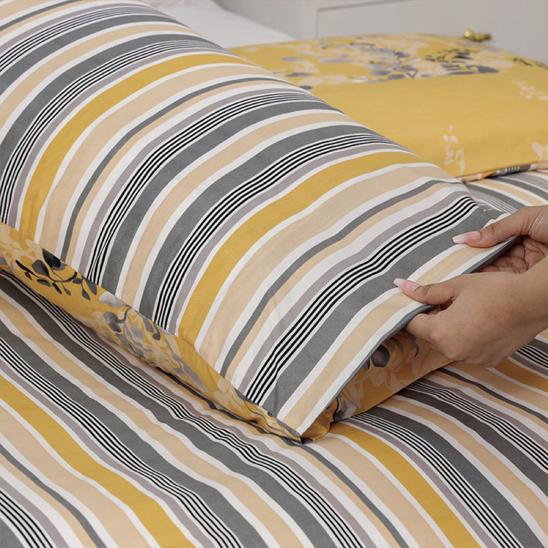 Braylene Microfiber Duvet Cover Set with Pillowcases, Ochre Floral/Striped, Single Duvet Cover + 1 Standard Pillowcase