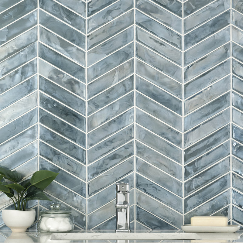 Midnight Tide Chevron 10 in. x 12 in. Glossy Glass Mosaic Wall Tile
