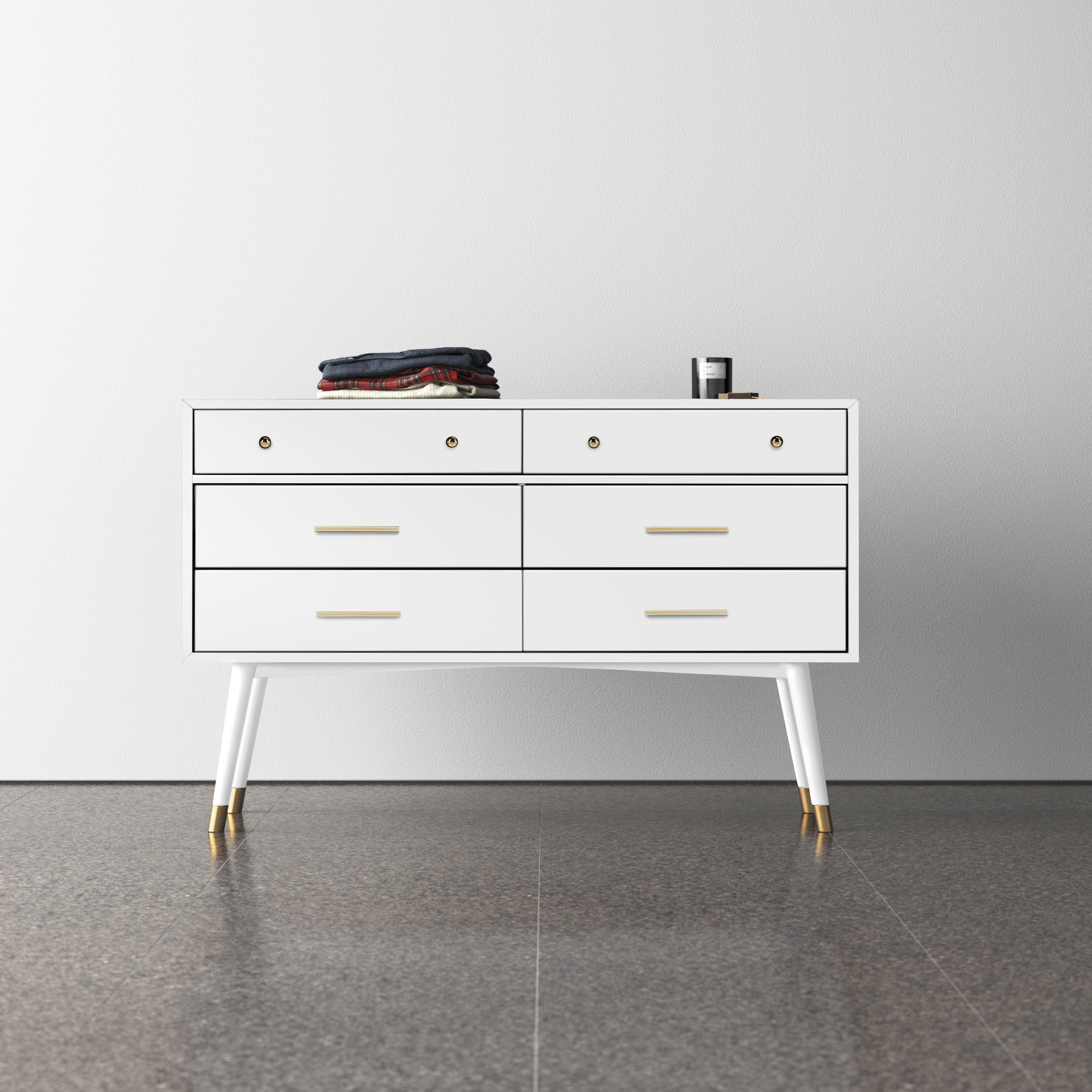 Samuel 6 - Drawer Double Dresser, White/Brass