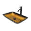 Lavabo de salle de bain au-dessus du comptoir, verre trempé doré ambré, forme carrée, bonde escamotable, cuve à usages multiples, apparence élégante