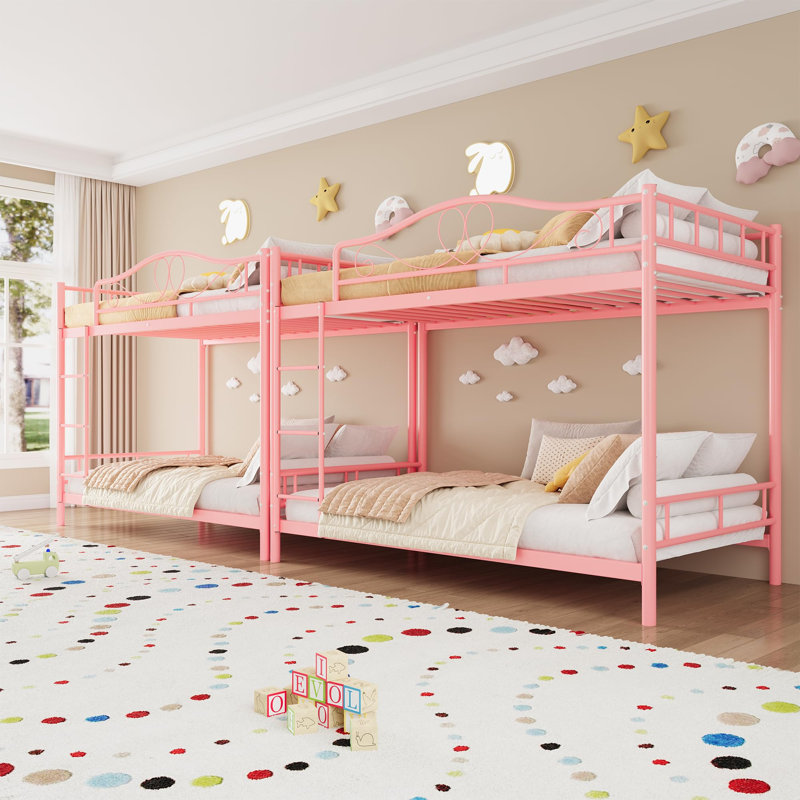 Twin Over Twin Metal Bunk Bed with Ladder & Full Guardrail, Heavy-Duty Frame 400 lbs Capacity, Space-Saving Design, Pink