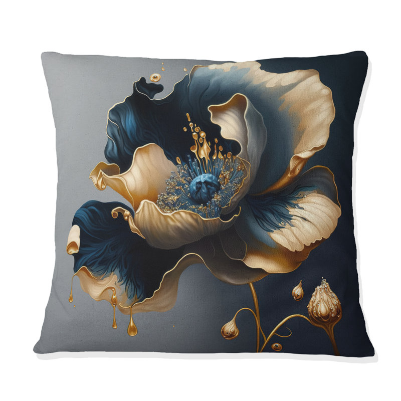 Coussin à imprimé floral bleu foncé et doré II, H 18 po x l 18 po