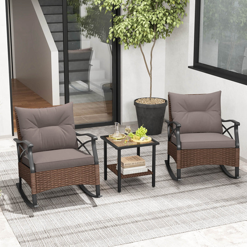 Winston Porter 3 Pcs Patio Rocker Set With 2-tier Coffee Table & Soft Seat Back Cushions Outdoor