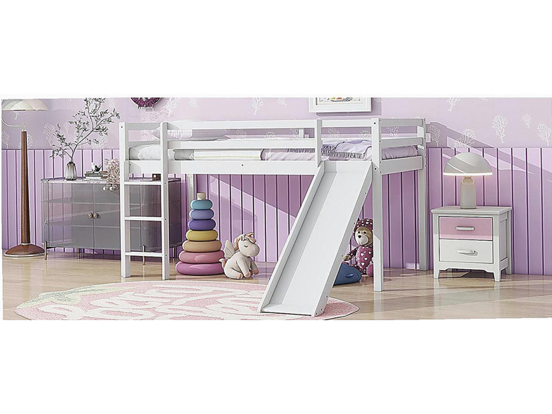 Lit superposé avec glissade, échelle, barrière de sécurité, bois d'hévéa, Blanc