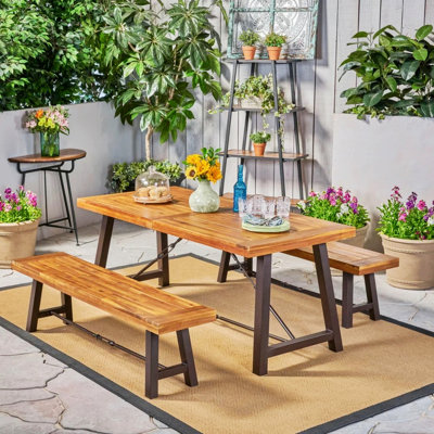 3 Piece Patio Wood Dining Set With  Benches