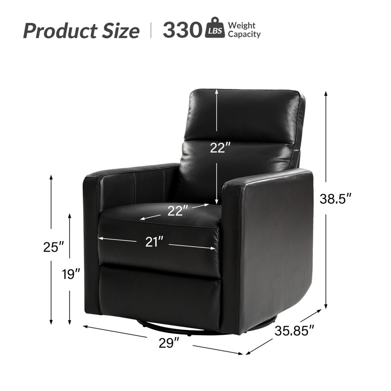 Sumbul Genuine Leather Upholstered Swivel Rocker Recliner, Black Leather