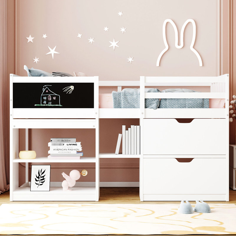Lit mezzanine simple bas blanc avec bureau à roulettes - Bois massif pour un bureau de chambre à coucher confortable, une tablette et un espace utile