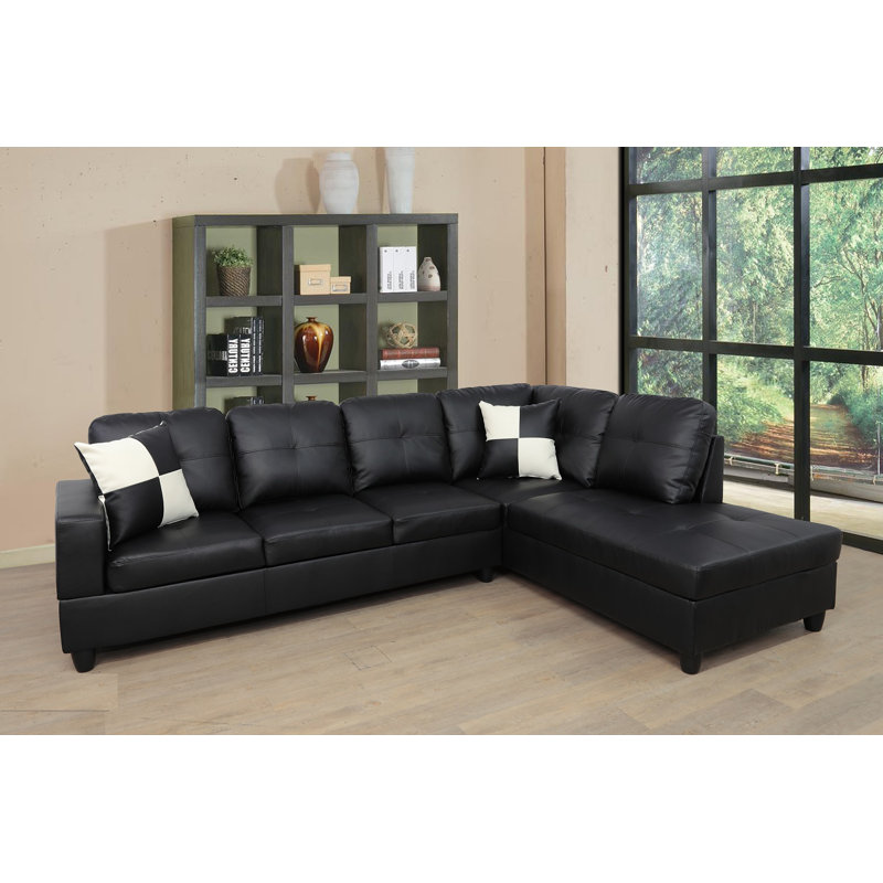 Canapé et méridienne en similicuir de 103,5 po de largeur Mavretta, Similicuir noir, Faisant face à la gauche