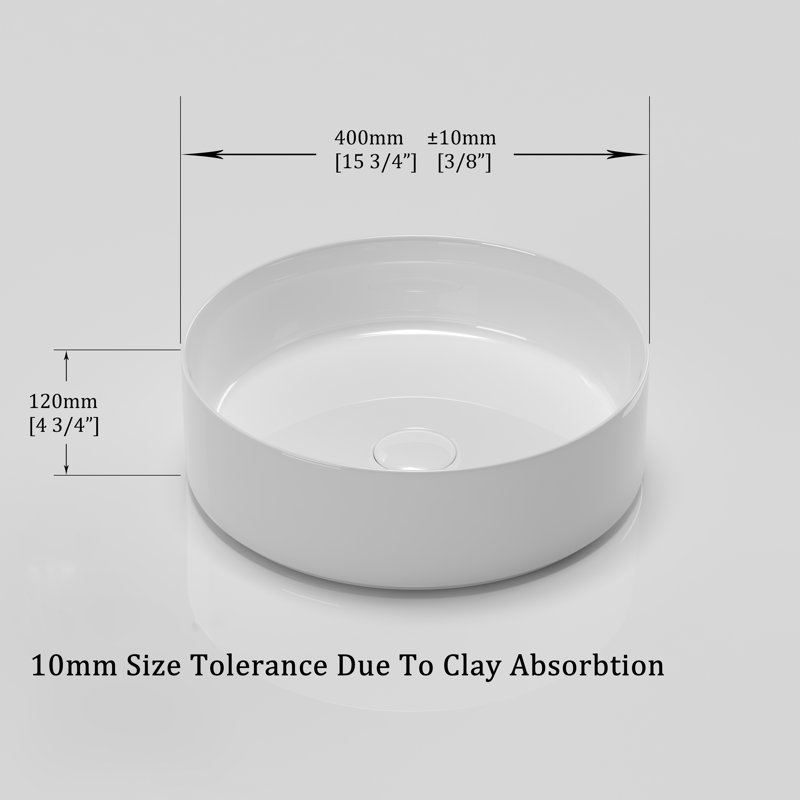 Lavabo de salle de bain vasque circulaire en céramique 16 po, Blanc lustré
